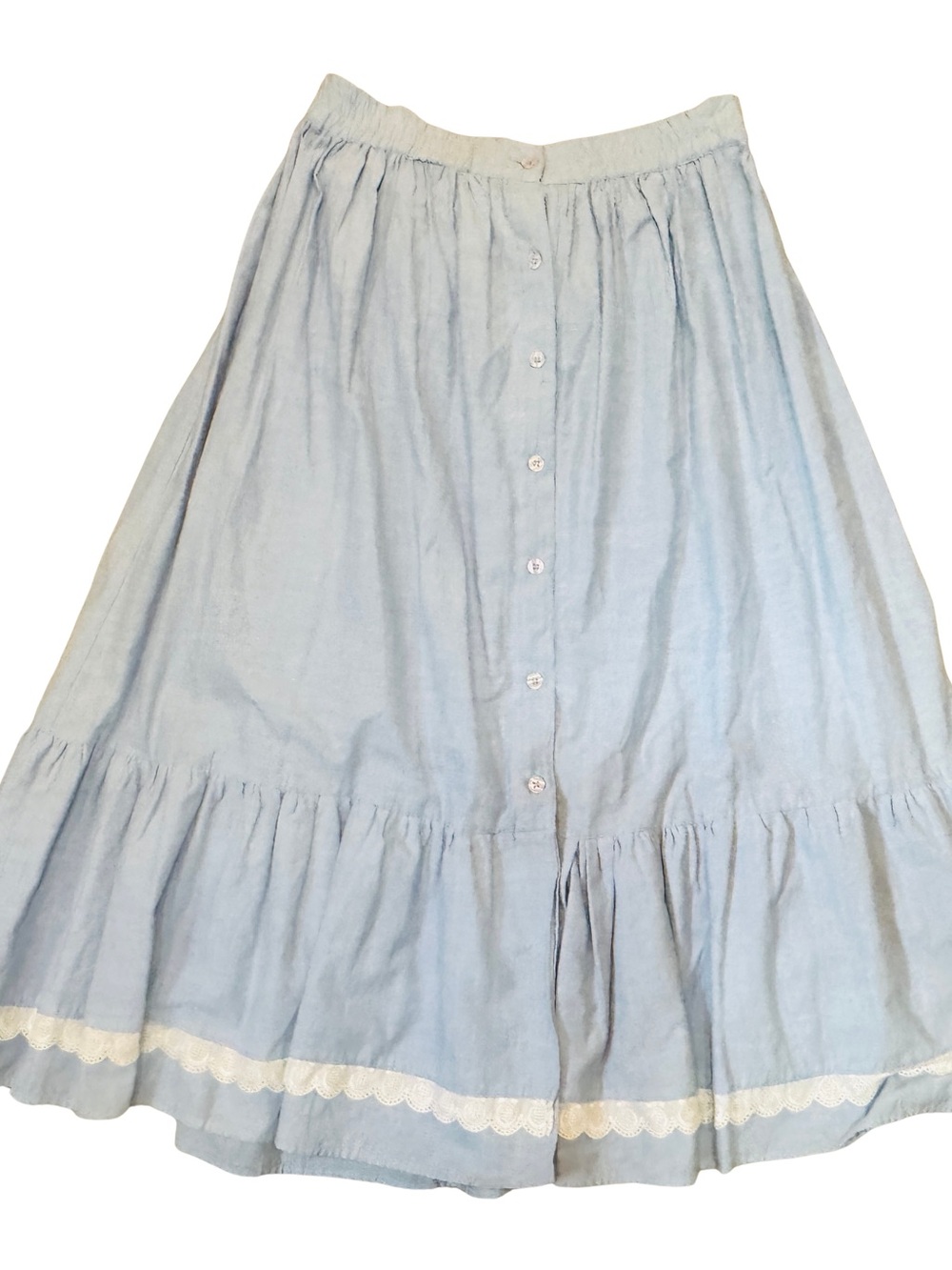 Vintage 80’s Electrify Light Blue Cotton Button-Front Ruffle Midi Skirt Lace